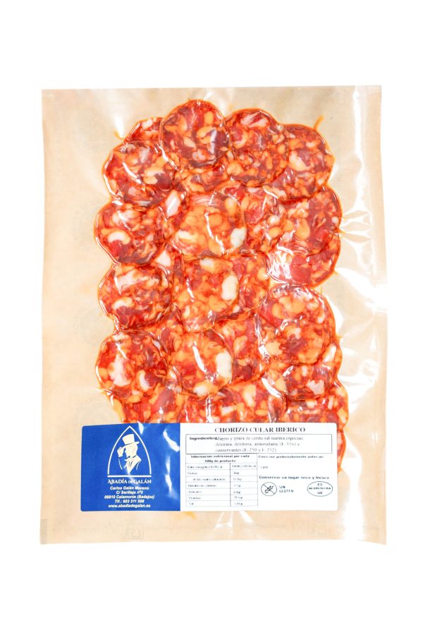 Loncheado de chorizo cular ibérico tradicional de Abadía de Galán en sobre individual