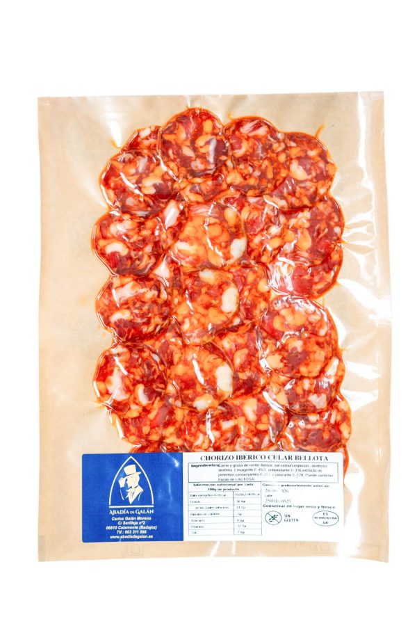 Loncheado de chorizo cular ibérico de bellota artesano de Abadía de Galán en sobre individual
