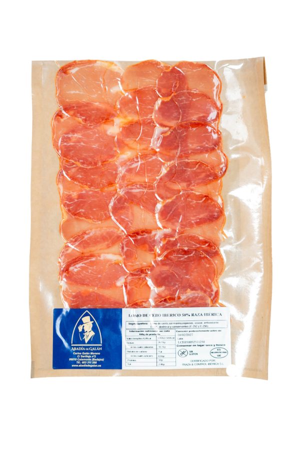 Loncheado de caña de lomo de cebo ibérico 50% raza ibérica etiqueta blanca Abadía de Galán en sobre individual