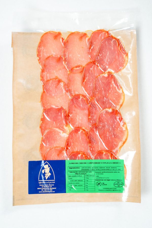 Loncheado de caña de lomo de cebo de campo ibérico 50% raza ibérica etiqueta verde Abadía de Galán en sobre individual