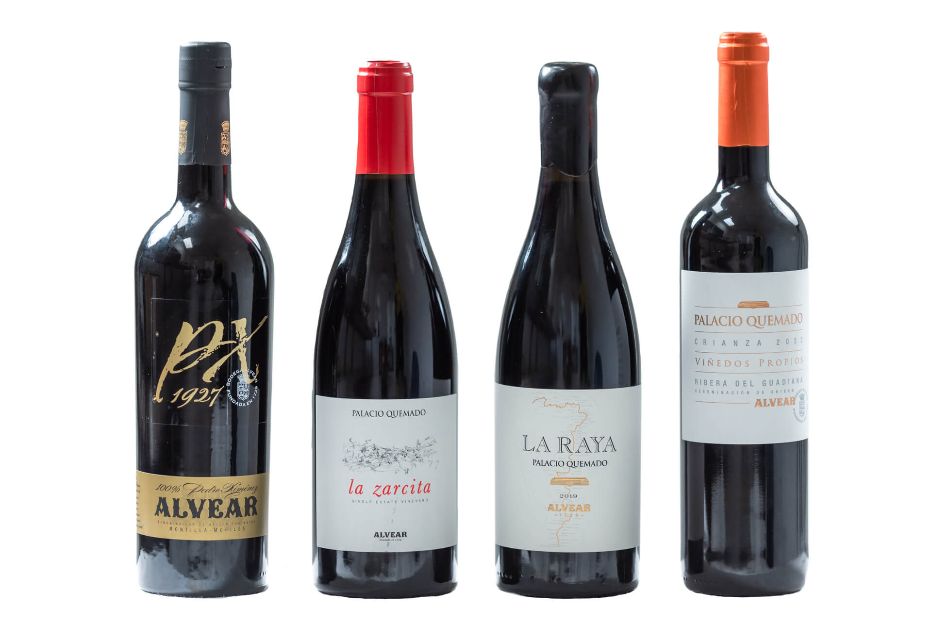 Pack Premium de Bodegas Alvear con Palacio Quemado Crianza, La Raya, La Zarcita 2022 y Pedro Ximénez 1927, vinos de Ribera del Guadiana y Montilla‑Moriles